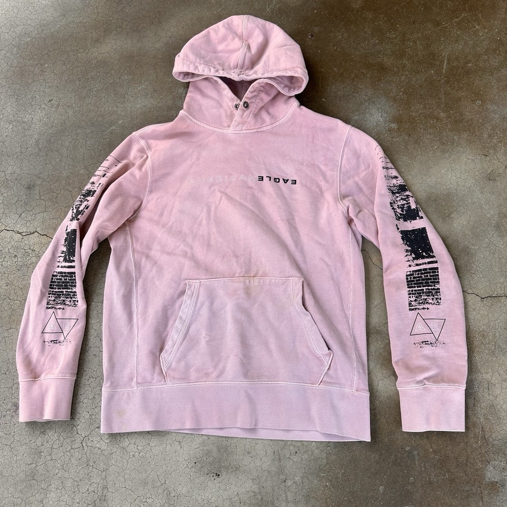 American Eagle Hoodie Mens Large Pink Tiedye Pullover Sweatshirt Acid Wash